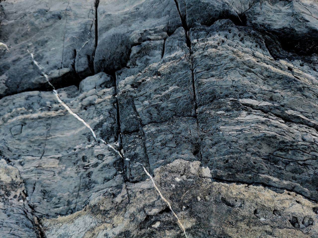 Detailed view of rough gray rock surface highlighting geological formations.